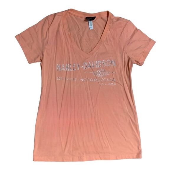Harley Davidson women's large pink peach orange short sleeve shirt bling biker - Picture 1 of 8